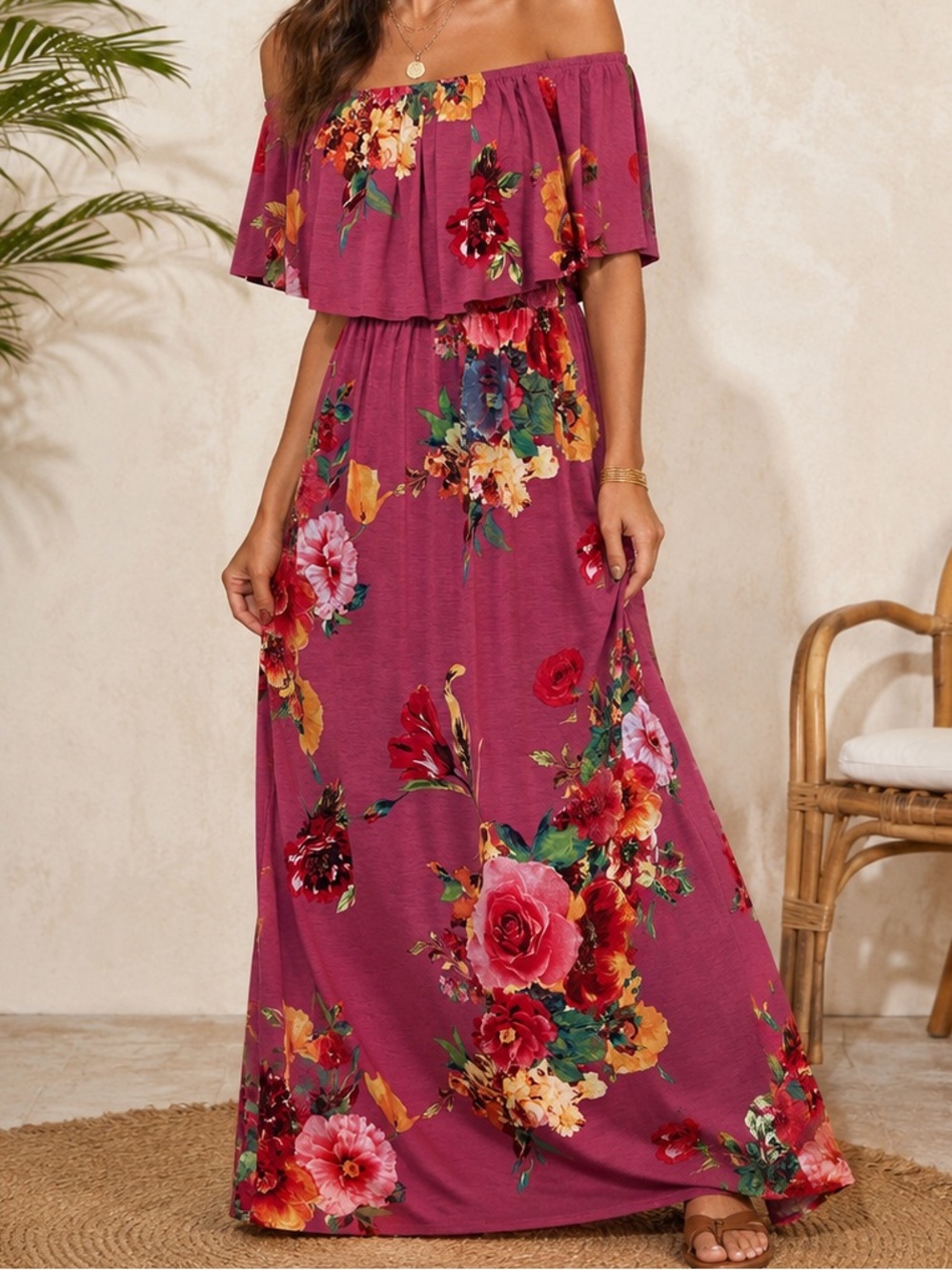 Jodifl Floral Vibrant Bohemian Ruffle Off-Shoulder Maxi Dress Size Large